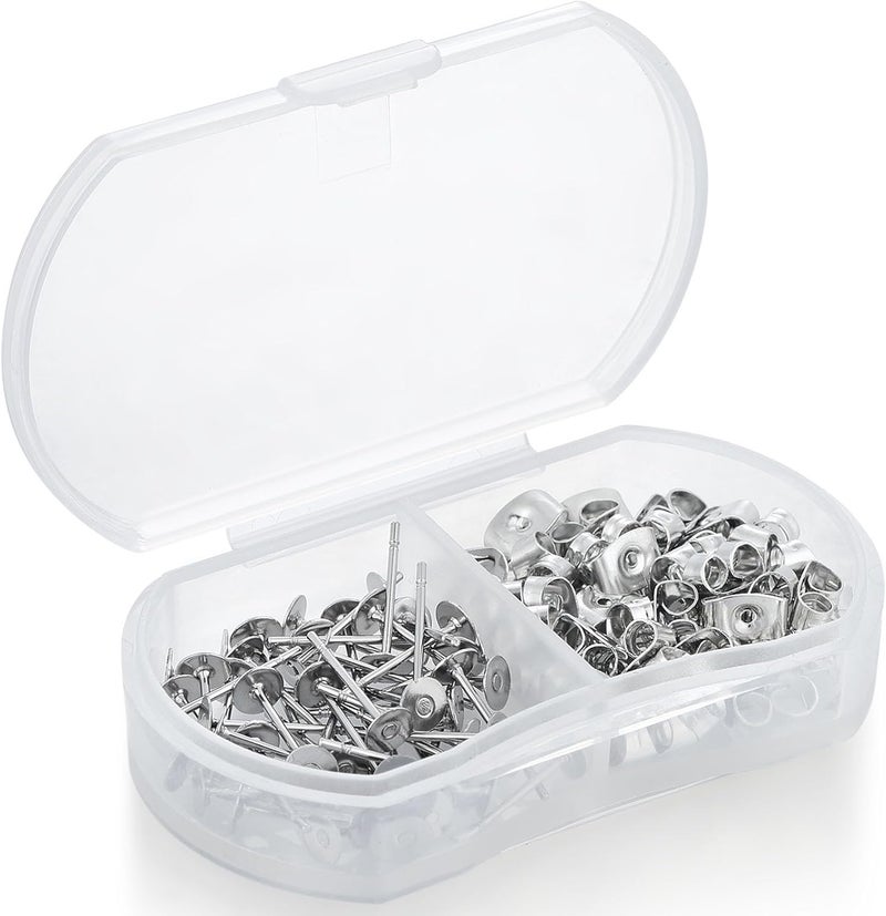 Formulen 100pcs Hypoallergenic Stainless Steel Earrings Posts Flat Pad Blank Earring Pin Studs with Butterfly Earring Backs for Jewelry Making Findings (4mm) - Image 1